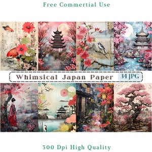 Papier Japon fantaisiste, scènes de la nature japonaises fantaisistes, toile de fond Japon fantaisiste Jpg, arrière-plan Asie Junk Journal, techniques mixtes papier Japon