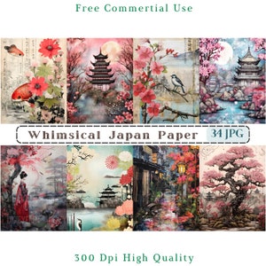 Whimsical Japan Paper, Whimsical Japanese Nature Scenes, Whimsical Japan Backdrop Jpg, Junk Journal Asia Background, Mixed Media Japan Paper