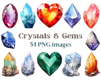 May include: A collection of 54 digital illustrations of colorful crystals and gems in various shapes, including hearts, diamonds, and ovals. The images are high quality and 300 dpi.