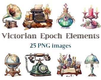 Clipart di elementi vintage ad acquerello, clipart vittoriana, Png retrò, immagini di epoca vittoriana, immagini di sfondo trasparente in bundle, 300 DPI
