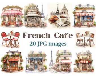 Watercolor French Cafe Clipart, French Clip Art, Cafe Jpg, Paris Images, Bundle White Background pictures, 300 DPI, French Style Pictures
