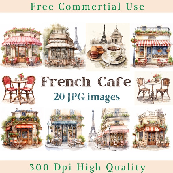 Watercolor French Cafe Clipart, French Clip Art, Cafe Jpg, Paris Images, Bundle White Background pictures, 300 DPI, French Style Pictures