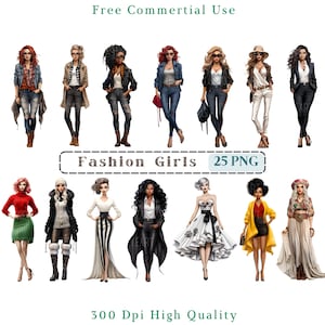 Clipart poupée de mode, poupées élégantes CU Clip, Fashion Girl PNG, Images d'illustration, fond Transparent, 300 DPI, graphiques de poupée hipster