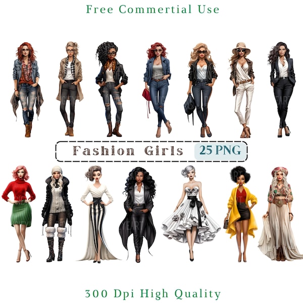 Fashion Doll Clipart, Stylish Dolls CU Clip Art, Fashion Girl PNG, Illustration Images, Transparent Background,300 DPI,Hipster Doll Graphics