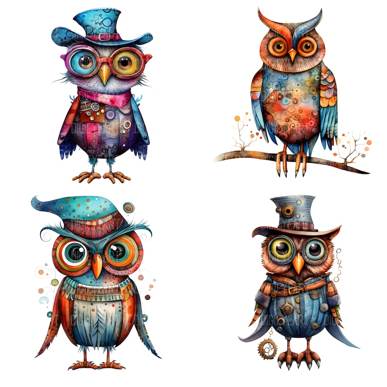 May include: Four watercolor illustrations of owls with different styles and colors. One owl is wearing a hat and glasses, another has a top hat, and the other two have no accessories. All owls have large, round eyes and are depicted in a whimsical style.