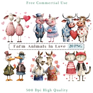 Grillige boerderij Animas in liefde clipart, mixed media eigenzinnige dieren CU illustraties, dierenparen graphics PNG, grillige elementen, grappige boerderij