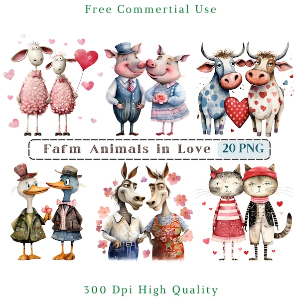 Whimsical Farm Animas in Love Clipart, Mixed Media Quirky Animals CU Clip Art, Animal Couples Graphics PNG, Whimsical Elements, Funny Farm