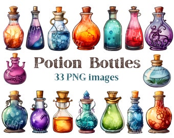 May include: A set of 33 colorful potion bottles with various designs and colors. The bottles are in a cartoon style and are perfect for use in digital art or crafts.