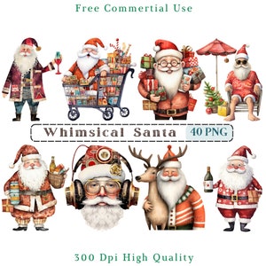 Imágenes prediseñadas de Santa de medios mixtos caprichosos, imágenes prediseñadas de Navidad extravagantes de Santa CU, gráficos de Santa PNG, elementos caprichosos, kit Digi de diario de Navidad