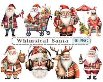 Whimsical Mixed Media Santa Clipart, Christmas Quirky Santa CU Clip Art, Santa Graphics PNG, Whimsical Elements, Christmas Journal Digi Kit