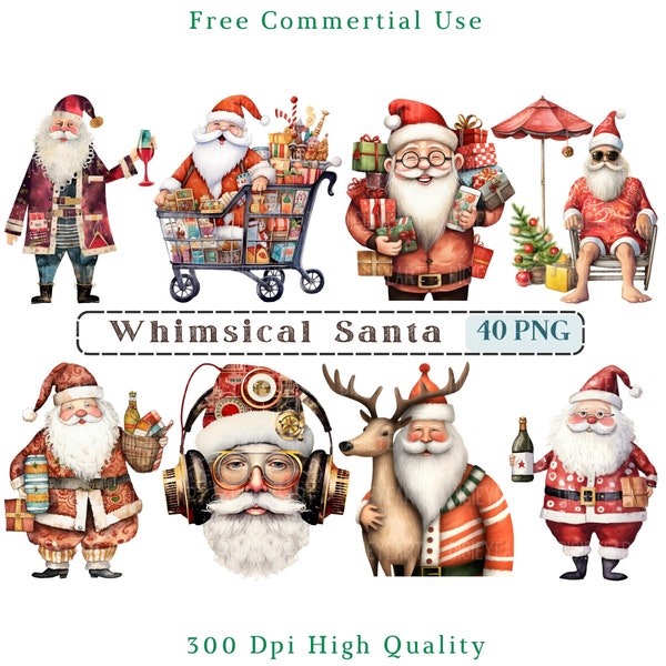 Whimsical Mixed Media Santa Clipart, Christmas Quirky Santa CU Clip Art, Santa Graphics PNG, Whimsical Elements, Christmas Journal Digi Kit