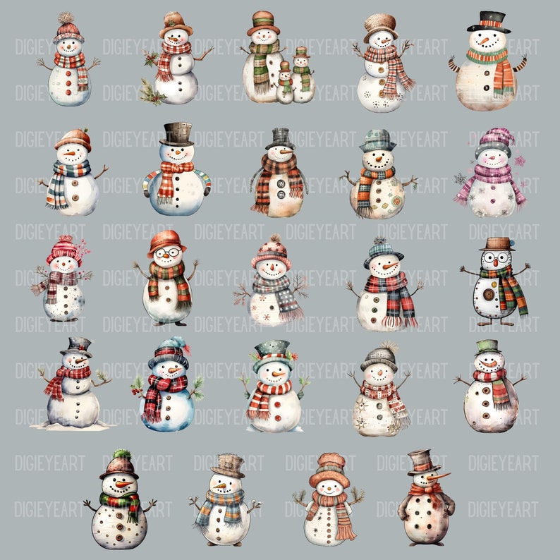 May include: A digital paper pattern featuring 20 different watercolor illustrations of snowmen. Each snowman is unique with different hats, scarves, and accessories. The background is a light blue color.