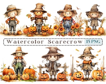 Watercolor Scarecrow Clipart, Pumpkin Clip Art, Cute Scarecrow Image, Commercial Use, Transparent Background picture, 300 DPI, Scarecrow Png