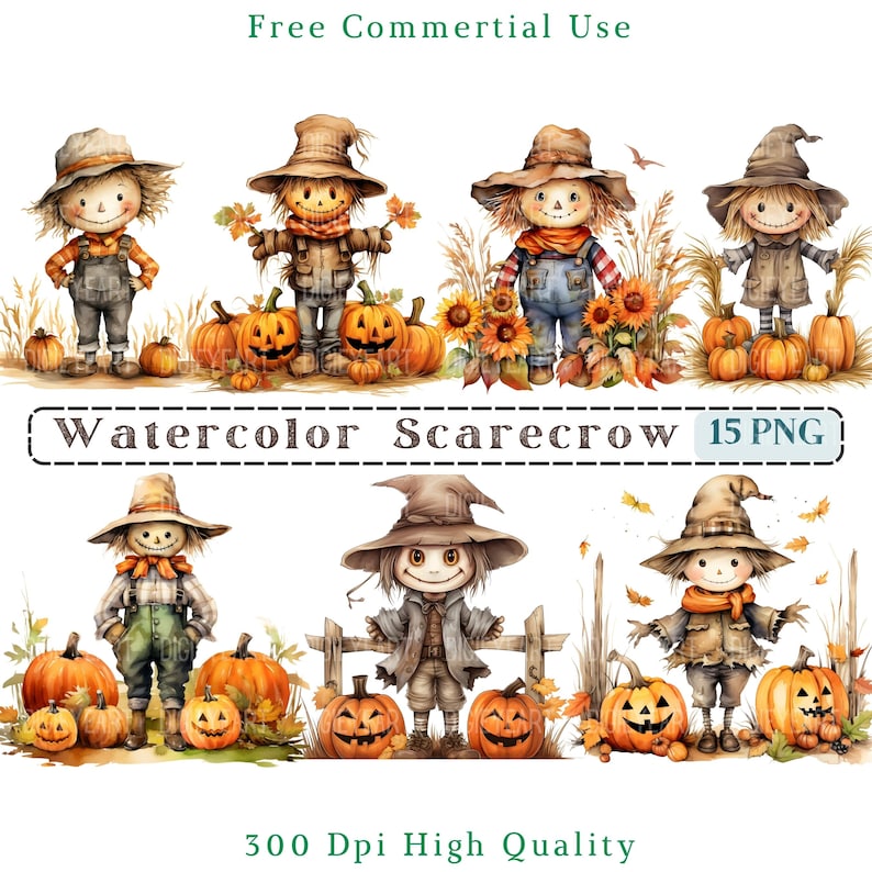 Watercolor Scarecrow Clipart, Pumpkin Clip Art, Cute Scarecrow Image ...