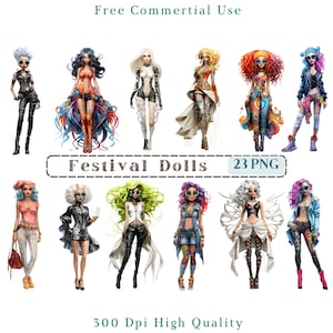Fashion Doll Clipart, Poupées élégantes CU Clip Art, Festival Girl PNG, Images d’illustration, Fond transparent, 300 DPI, Graphiques de poupée de fête