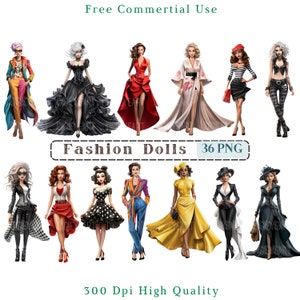 Clipart poupée de mode, clipart poupées élégantes, PNG de la mode pour filles, Images d'illustration, fond transparent, 300 DPI, graphiques de poupée Diva