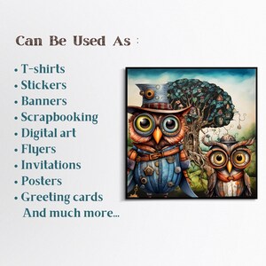 May include: Two cartoon owls with steampunk details, one wearing a top hat and the other a bow tie, stand in front of a tree with a birdhouse. The text "Can Be Used As" is written above the image, followed by a list of uses for the image, including t-shirts, stickers, banners, scrapbooking, digital art, flyers, invitations, posters, and greeting cards.
