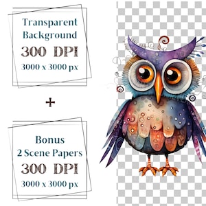 May include: A colorful, whimsical owl illustration with large eyes, a purple head, and a patchwork body. The owl is standing on two legs with orange and white stripes. The background is transparent.