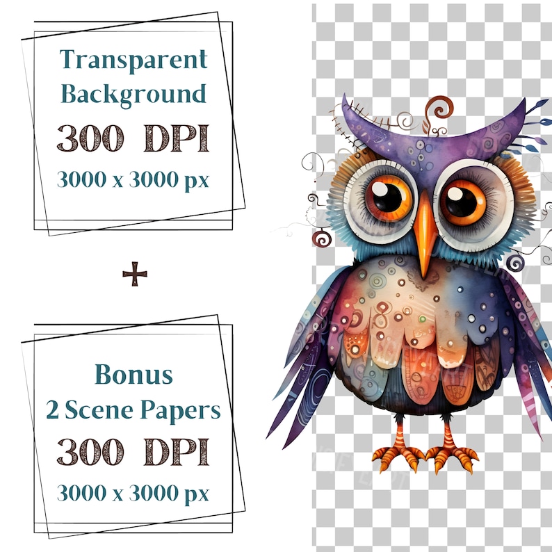 May include: A colorful, whimsical owl illustration with large eyes, a purple head, and a patchwork body. The owl is standing on two legs with orange and white stripes. The background is transparent.