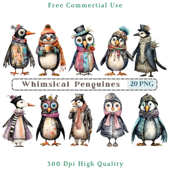 画材 Penguin Bib Whimsical Penguin Clipart, Quirky Penguin Bird Clip Art, Mixed