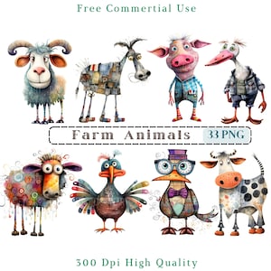 Whimsical Farm Animas Clipart, Mixed Media Quirky Animals CU Clip Art, Animal Graphics PNG, Whimsical Elements, Funny Farm Pictures