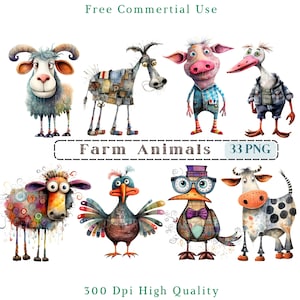 Whimsical Farm Animas Clipart, Mixed Media Quirky Animals CU Clip Art, Animal Graphics PNG, Éléments fantaisistes, Images de ferme drôles