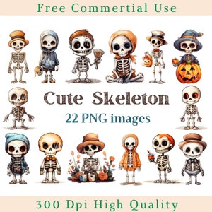 かわいいスケルトン クリップアート、スケルトン アート PNG、ハロウィーン画像、商用利用、バンドル透明背景画像、300 DPI、ハロウィーンの骨 PNG
