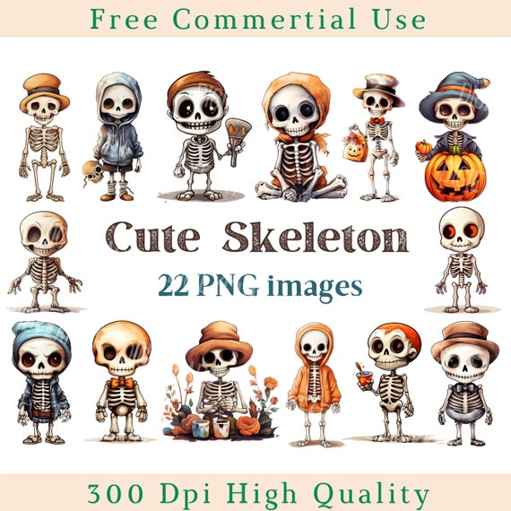 Cute Halloween Skeleton Clipart, Transparent PNG Bundle (Digital Download)