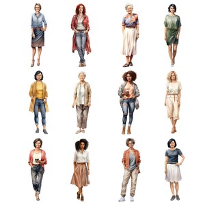 Casual vrouwen clipart, Aziatische zwarte Indiase vrouwen CU illustraties, etnische diversiteit beelden, transparante achtergrondafbeelding, 300 DPI, oude dames PNG afbeelding 3