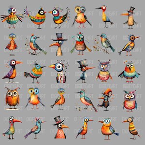 Puede incluir: Una colecci&oacute;n de 30 p&aacute;jaros de dibujos animados caprichosos, coloridos y con varios patrones y dise&ntilde;os. Los p&aacute;jaros est&aacute;n pintados en un estilo acuarela y tienen diferentes expresiones y personalidades.