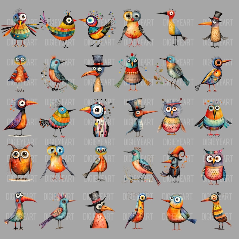 Puede incluir: Una colecci&oacute;n de 30 p&aacute;jaros de dibujos animados caprichosos, coloridos y con varios patrones y dise&ntilde;os. Los p&aacute;jaros est&aacute;n pintados en un estilo acuarela y tienen diferentes expresiones y personalidades.