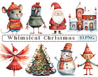 Whimsical Christmas Clipart, Animals Clip Art, Christmas CU Clipart PNG, Whimsical Elements, Transparent Background, 300 DPI, Whimsical Art