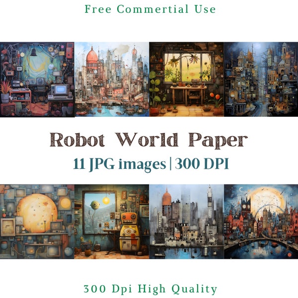 Whimsical Robot Paper, Robot World Scenes, Whimsical Backdrop Jpg, Junk Journal Background pictures, 300 DPI, Scrapbooking Paper