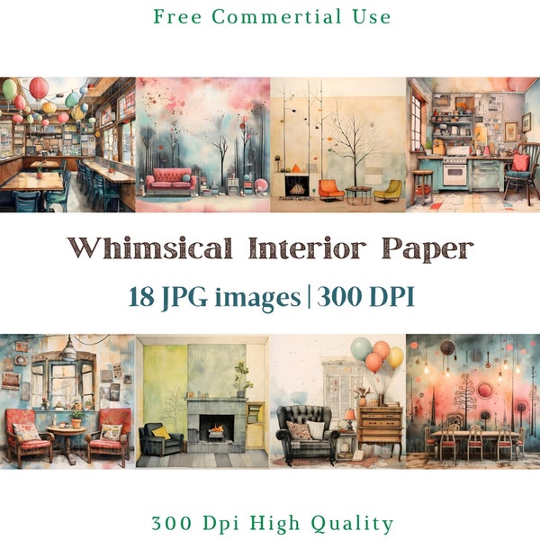 Whimsical Interior Paper, Whimsical Home Scenes, Whimsical Backdrop Jpg, Junk Journal Background pictures, Mixed Media Scrapbook Room Paper