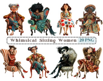 Whimsical Sitting Women Clipart, Mixed Media Quirky Woman CU Clip Art, Girl Graphics PNG, Fussy Cut Printables, Funny Grandy Scrapbooking