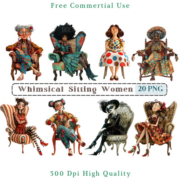 Whimsical Sitting Women Clipart, Mixed Media Quirky Woman CU Clip Art, Girl Graphics PNG, Fussy Cut Printables, Funny Grandy Scrapbooking