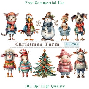Whimsical Christmas Farm Animas Clipart, Mixed Media Quirky Animals CU Clip Art, Animal Graphics PNG, Whimsical Elements, Funny Farm Picture