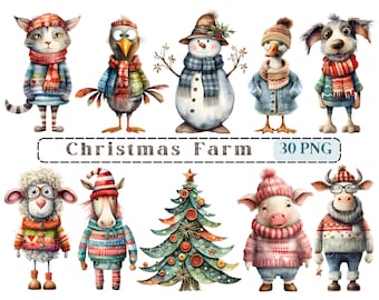 Caprichosa Navidad Granja Animas Clipart, Medios Mixtos Animales Peculiares CU Clip Art, Gráficos de Animales PNG, Elementos Caprichosos, Imagen Divertida de la Granja