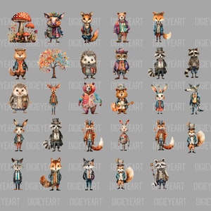 Peut inclure: Un ensemble de 25 illustrations num&eacute;riques repr&eacute;sentant diff&eacute;rents animaux v&ecirc;tus de v&ecirc;tements et de chapeaux. Les animaux comprennent un renard, un ours, un hibou, un raton laveur, un h&eacute;risson, un cerf, un lapin et quelques autres. Les illustrations sont de style aquarelle et ont un aspect fantaisiste.