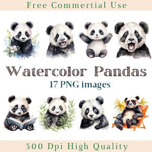 Clipart de panda fofo em aquarela, clipart de panda engraçado, animais png, imagens de urso panda doce, pacote de imagens de fundo transparente, 300 DPI