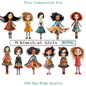 Whimsical Girls Clipart, Mixed Media Quirky Girl CU Clip Art, Cute Kids Graphics PNG, Transparent Background, Funny Children Picture Png