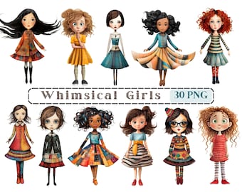 Whimsical Girls Clipart, Mixed Media Quirky Girl CU Clip Art, Cute Kids Graphics PNG, Transparent Background, Funny Children Picture Png