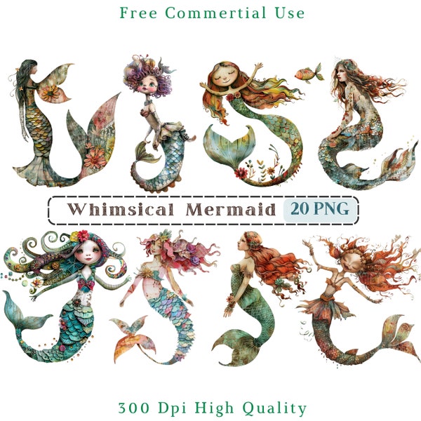 Whimsical Mermaid Clipart, Mixed Media Quirky Mermaid CU Clip Art, Woman Graphics PNG,Transparent Background, Funny Sea Girls Picture Png