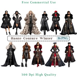 Haute Couture Winter Fashion Doll Clipart, Poupées élégantes CU Clip Art, Fashion Girl Graphics PNG, Images d’illustration, Fond transparent