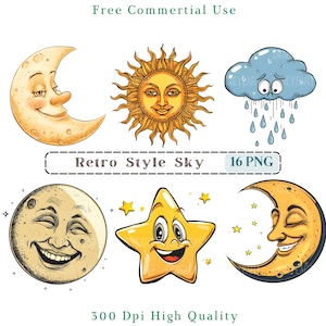Retro Sky Clipart, vintage Weather CU Clip Art, style années 1920 Sun & Clouds Png, Star Images, Images de fond transparent, 300 DPI,