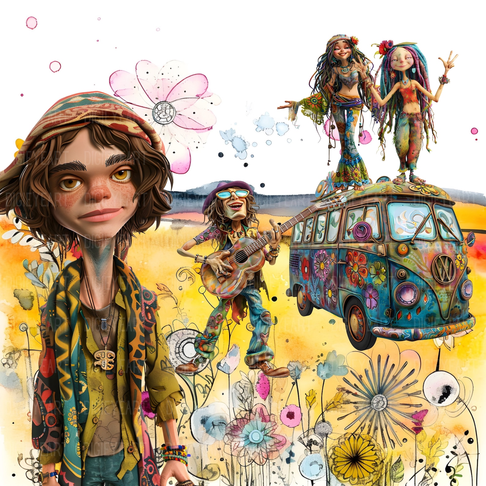 Whimsy Hippy Whimsical Hippies Clipart, Mixed Media Quirky Hippie CU Clip Art, Man ...