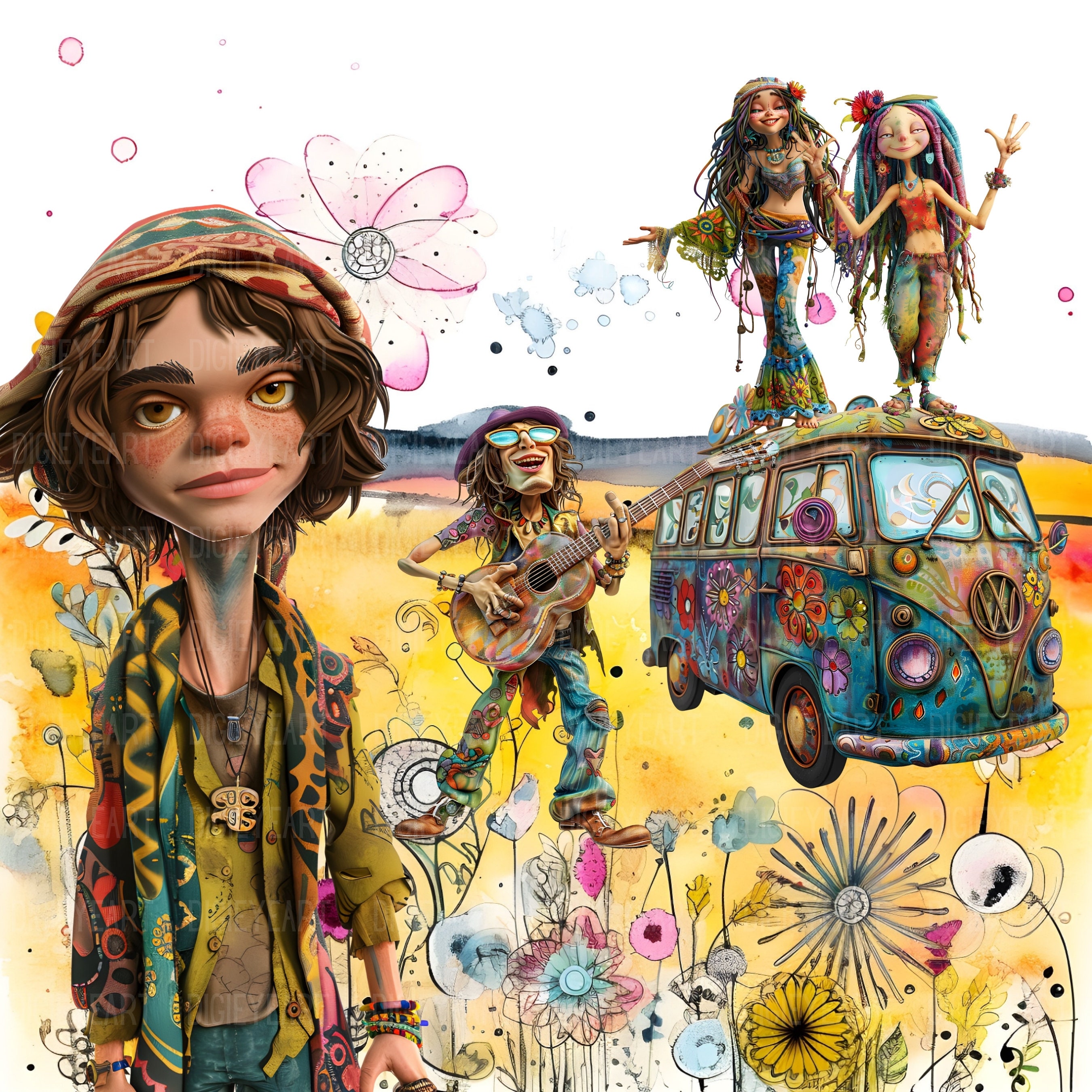 Whimsical Hippies Clipart, Mixed Media Quirky Hippie CU Clip Art