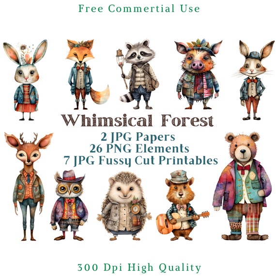 Whimsical Forest Animas Clipart, Mixed Media Quirky Animals CU Clip Art, Animal Graphics PNG, Transparent Background, Funny Forest Picture