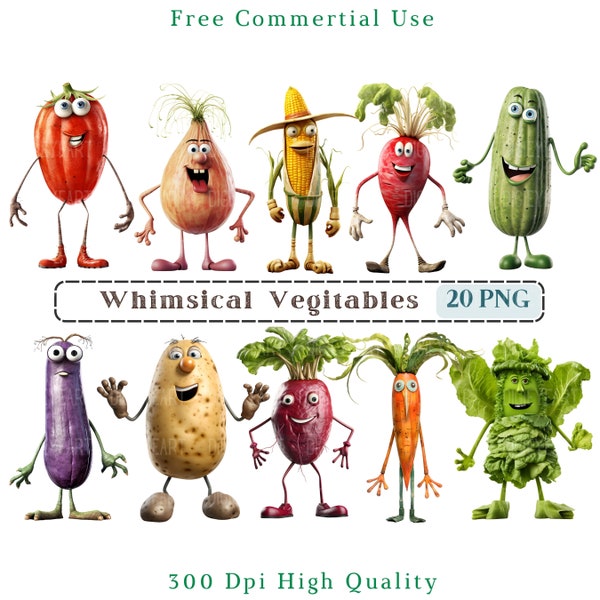 Whimsical Vegitables Clipart, Mixed Media Quirky Veggies CU Clip Art, Funny Food Graphics PNG, Whimsical Elements, Tomato, Onion Characters