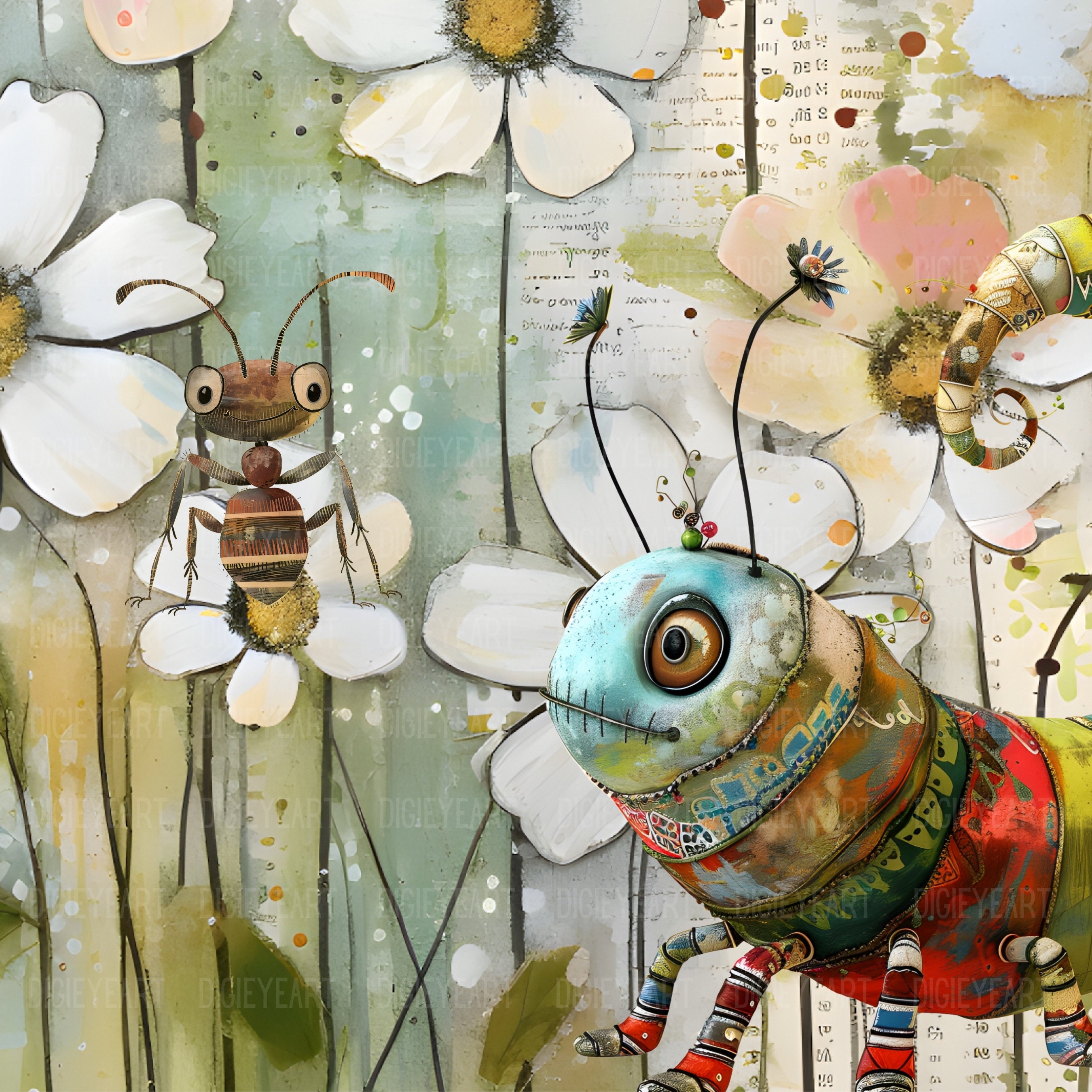 Whimsical Insect Clipart, Mixed Media Quirky Bee CU Clip Art, Ladybug ...